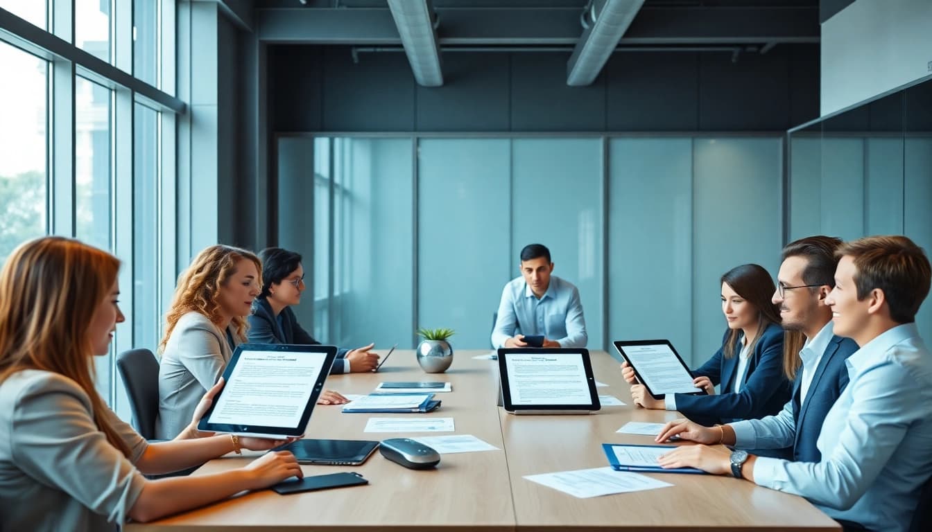 Dynamic professionals discussing Contract Management strategies in a modern office setting