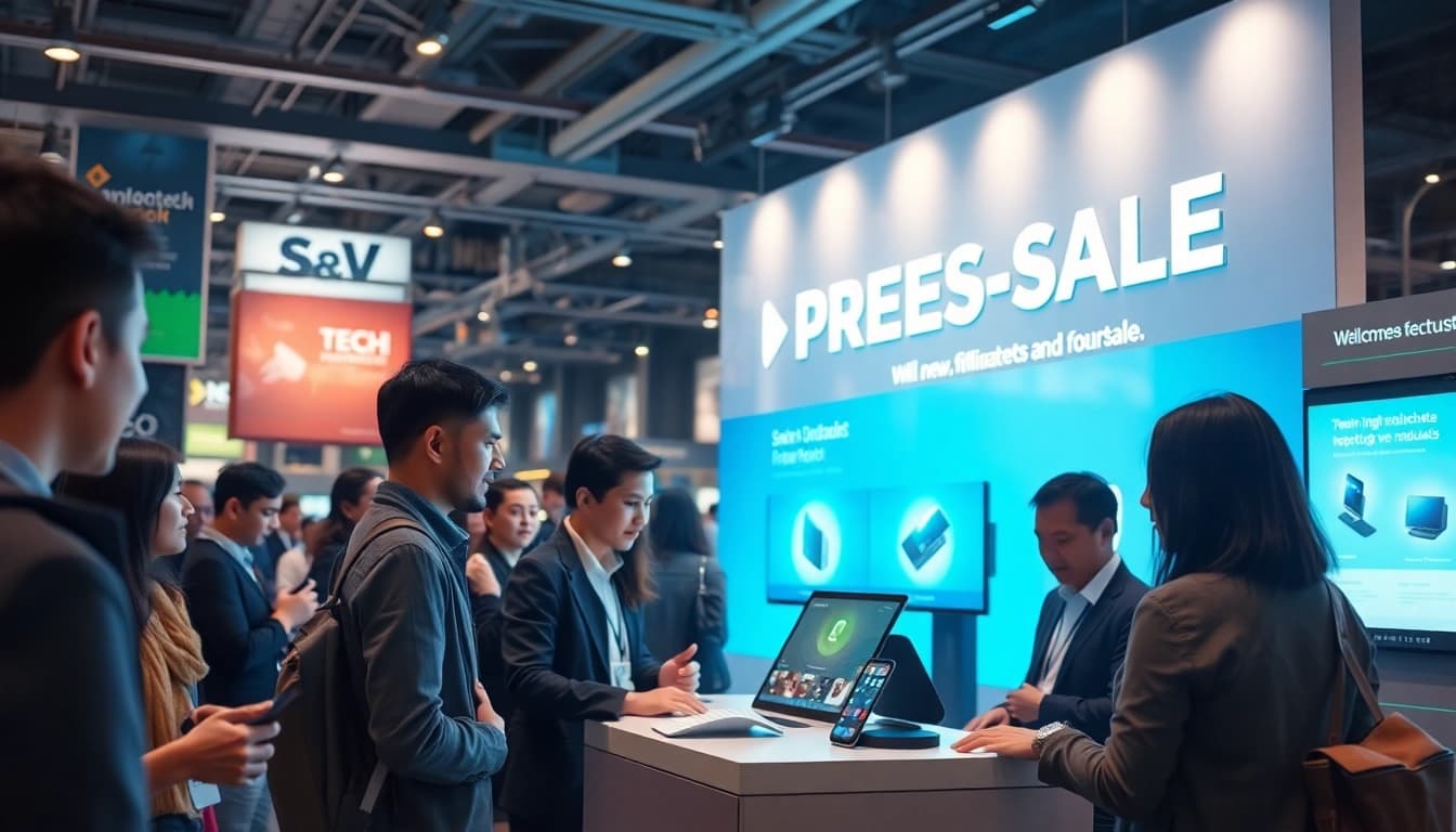 Exciting presale event featuring tech product with eager customers and professional staff.