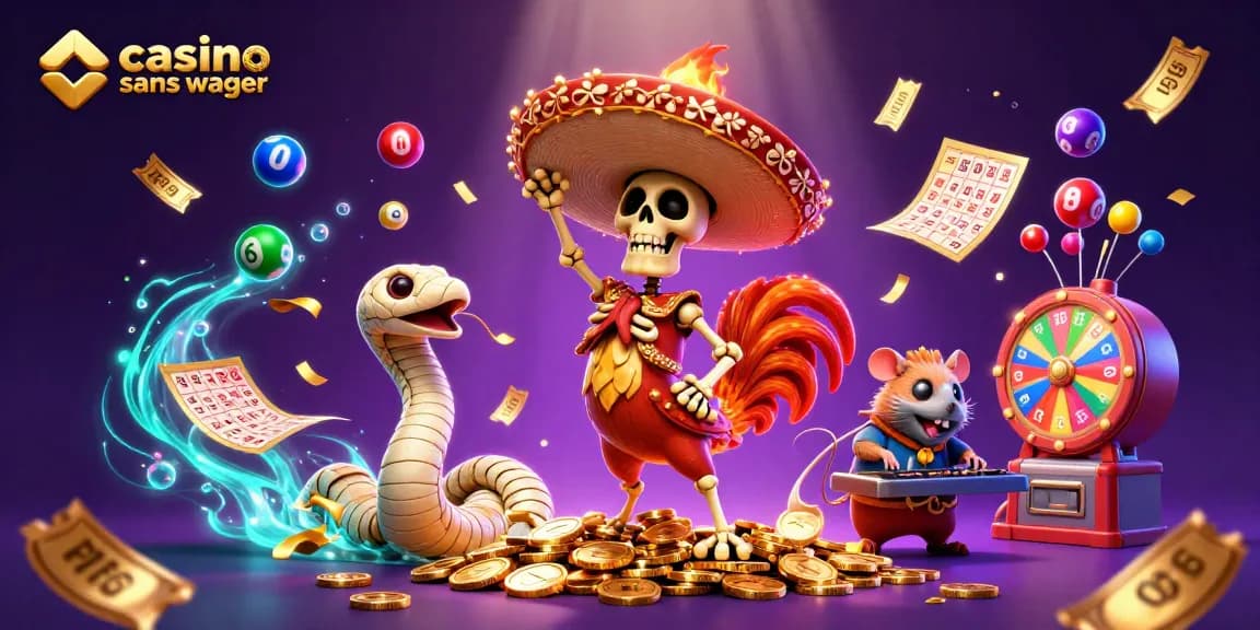 Jouez au casino en ligne sans mise avec des personnages colorés dans une scène dynamique et festive.