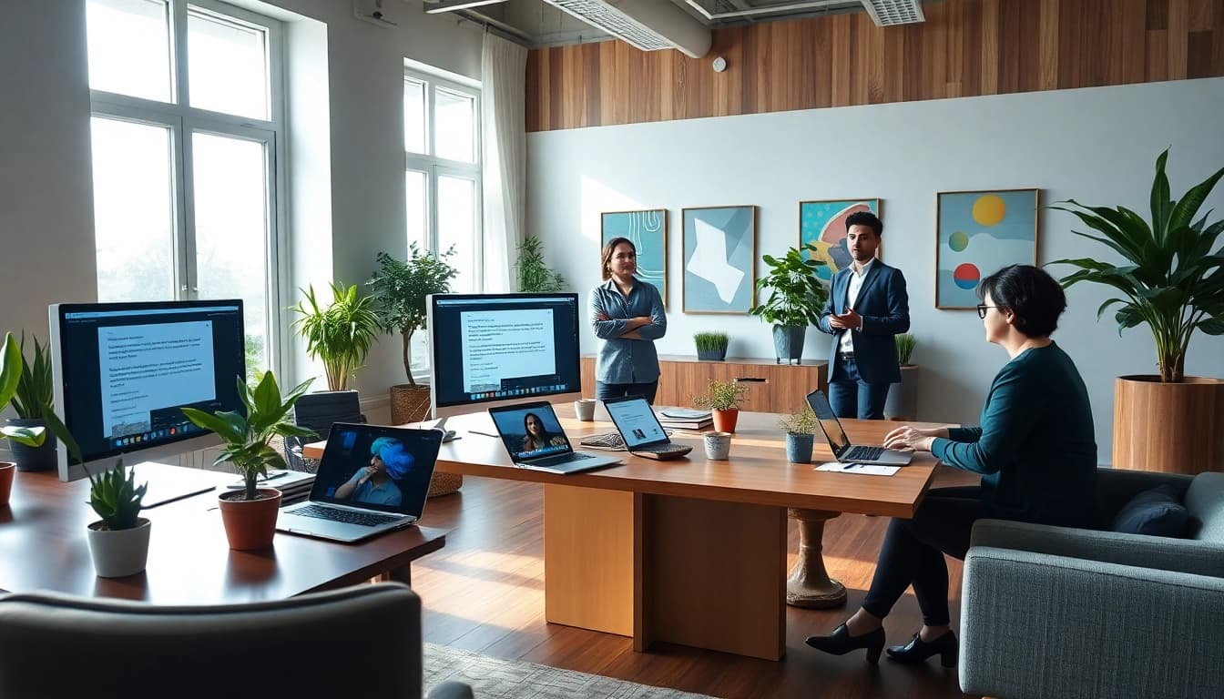 Transform video to prompt with innovative AI analysis, showcasing diverse professionals collaborating in a modern office.