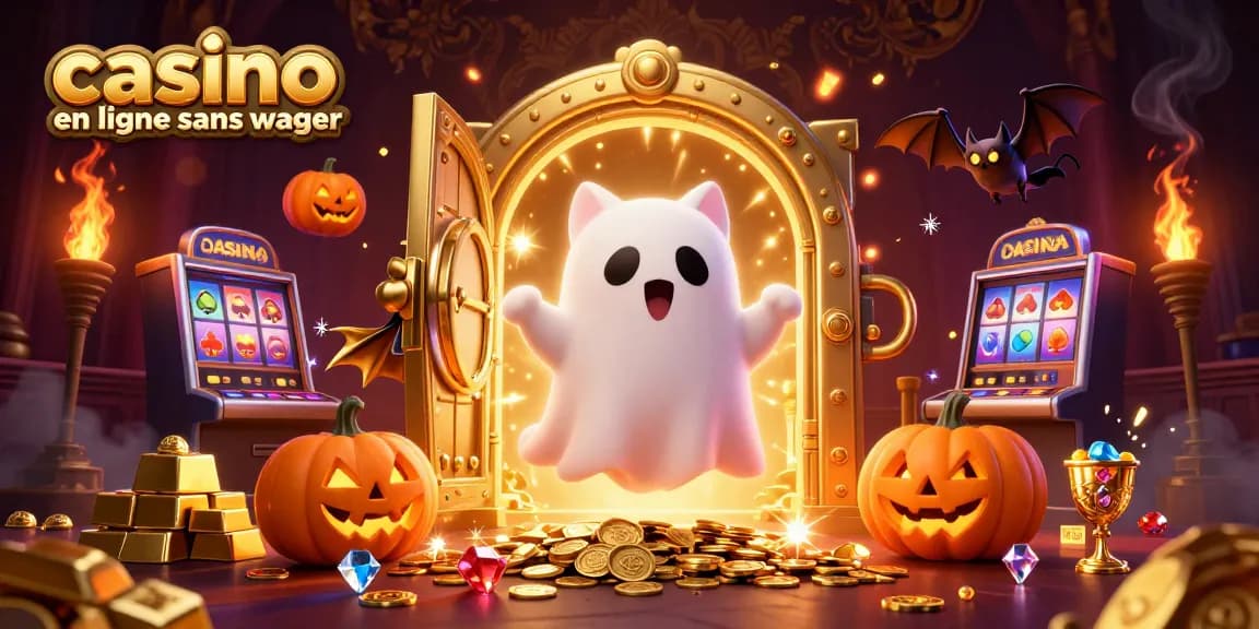 Plongez dans le monde de casino en ligne sans wager avec une illustration captivante de fantômes animés et de trésors scintillants.