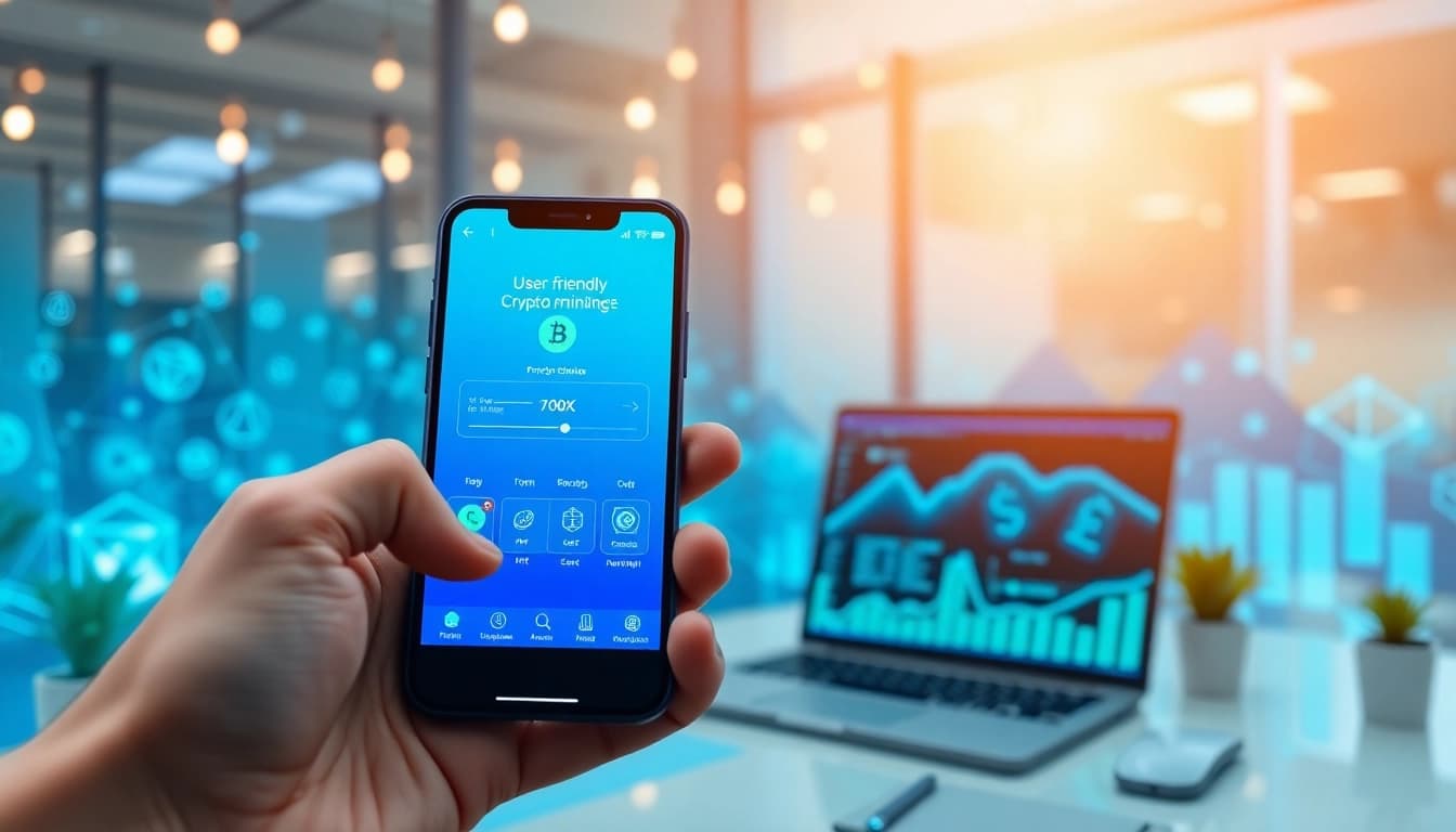 Engaging crypto mining app interface on a smartphone with digital currency graphics.