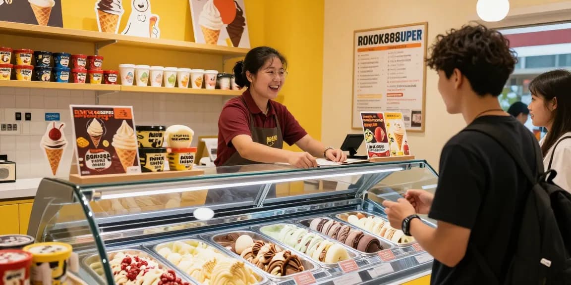 Exciting store display featuring ROKOK88SUPER ice cream flavors and bold promotional materials highlighting rokok88 link alternatif.