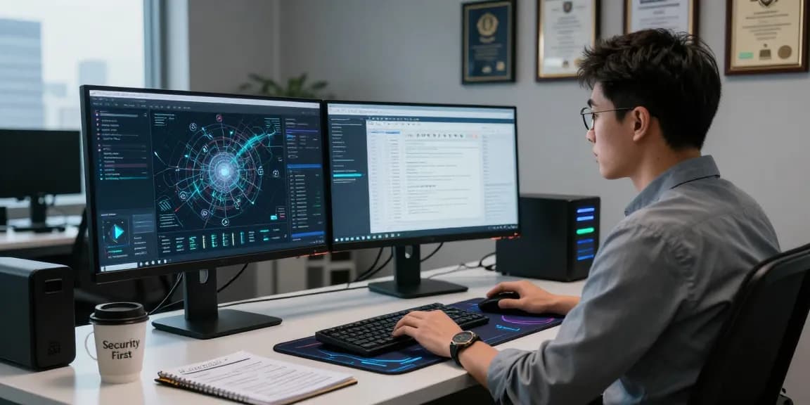 Cybersecurity professional analyzing threats on shs-dome5.com in a modern workspace.