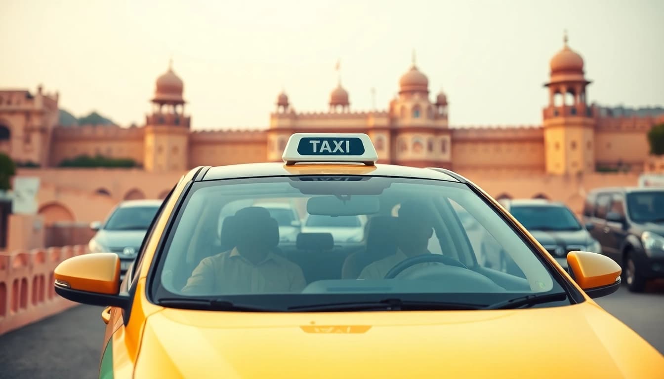 Jaipur Taxi Service featuring a clean, modern cab near iconic landmarks in a vibrant setting.