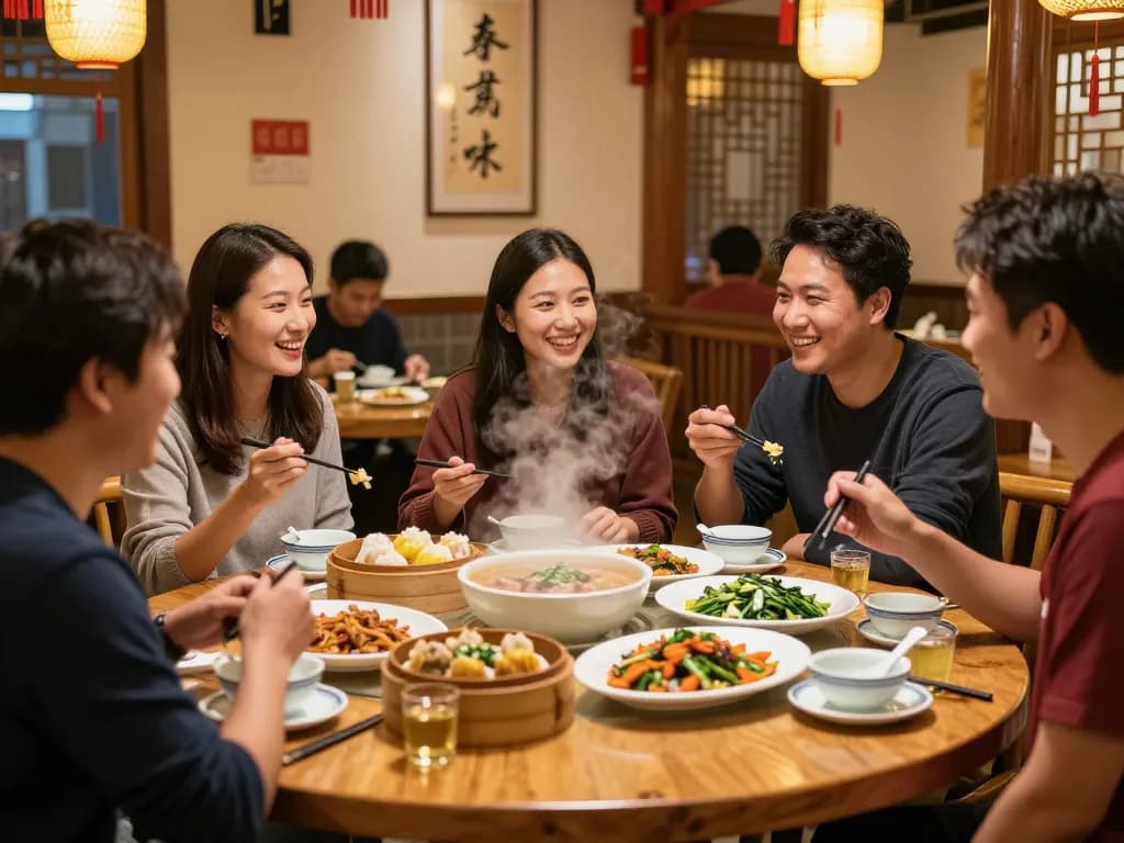 Group enjoying diverse Chinese dishes at Chamber Red Chinese Bistro, highlighting 88Pulsa's cultural dining experience.