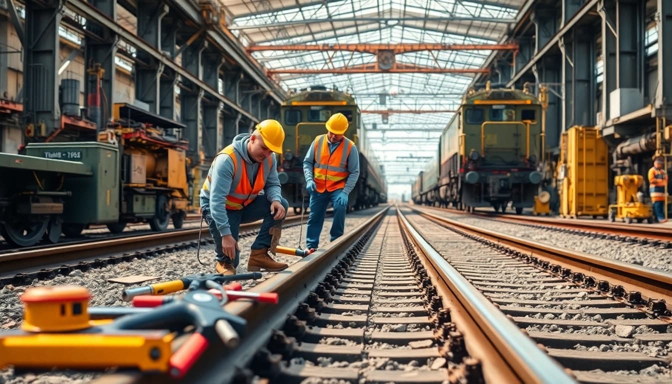 Railroad Maintenance Services team conducting inspections with machinery on-site, highlighting their expertise.
