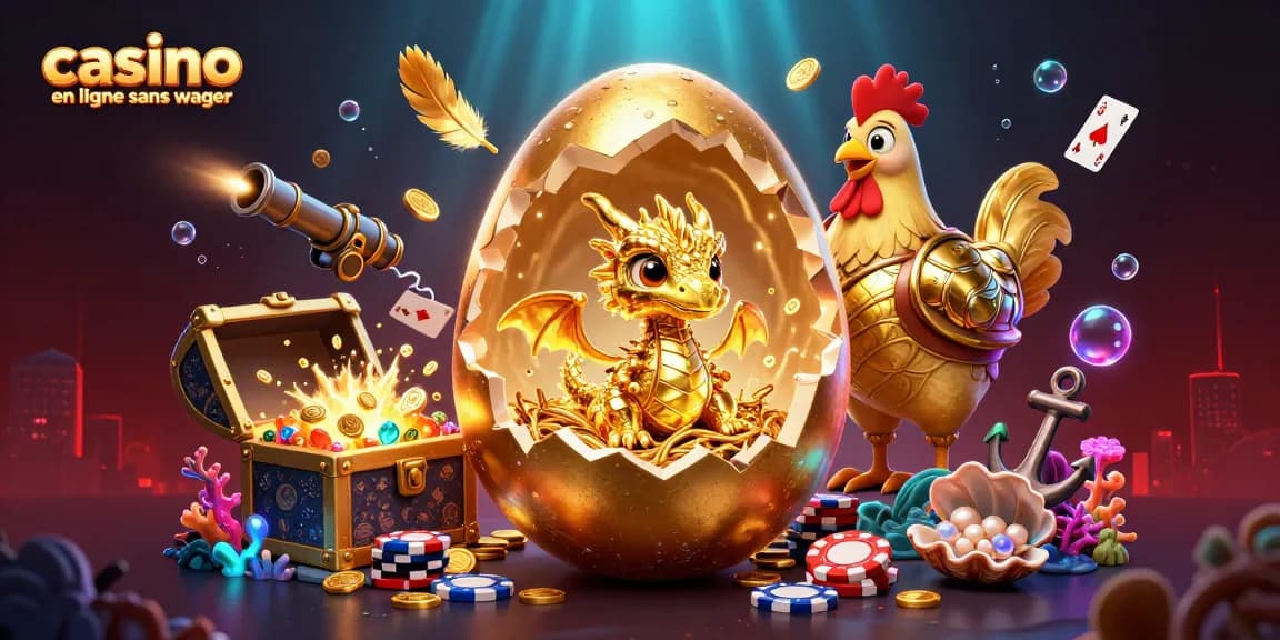Analysez le casino en ligne sans wager avec un dragon doré et des jetons de poker.