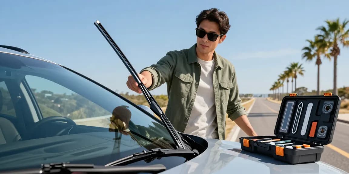 High-quality flat wiper blade in hand of confident driver, inspecting car windshield outdoors.