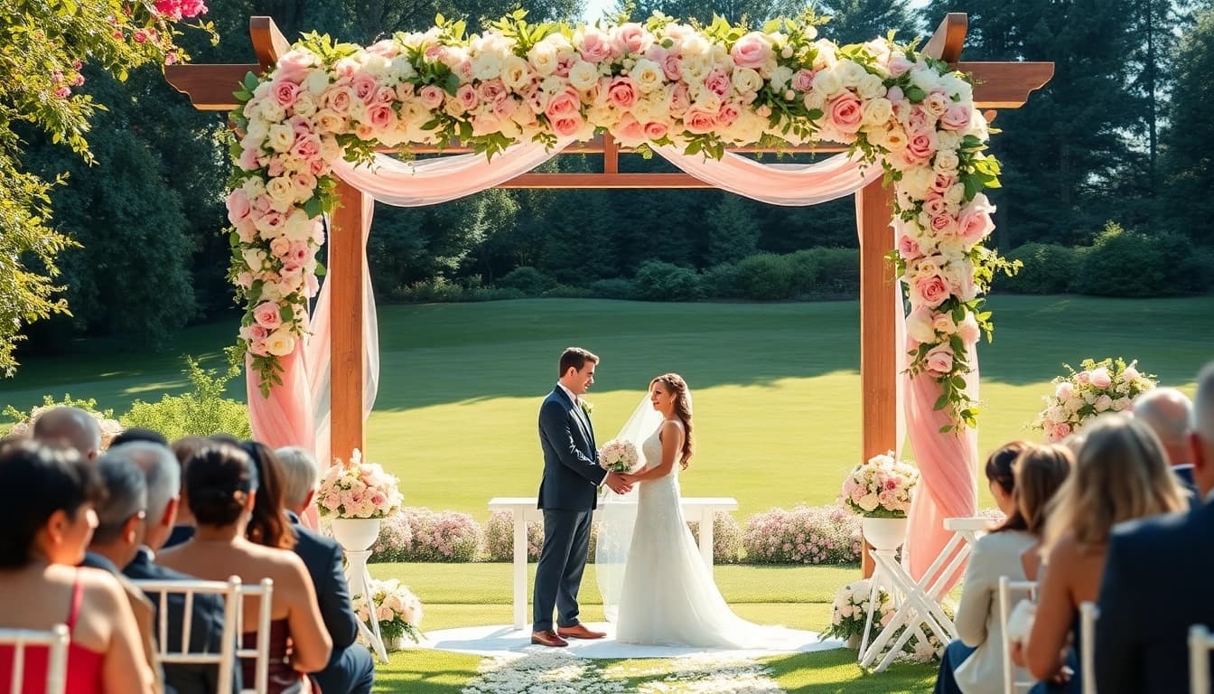 Wedding photographer capturing an outdoor ceremony with floral arrangements and joyous couples.