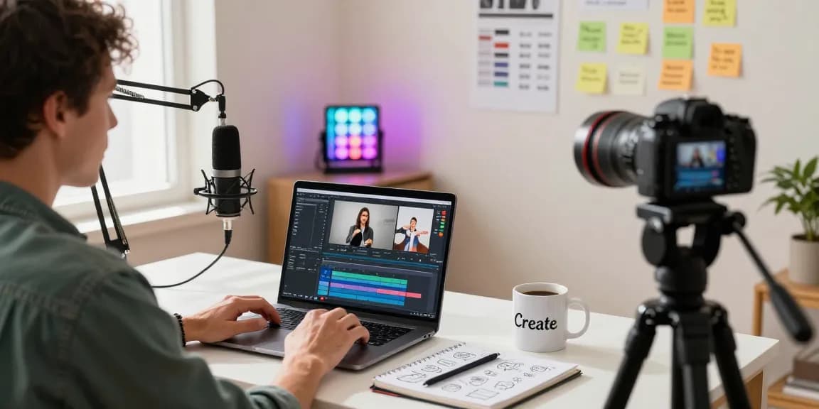 Trusted site to buy YouTube subscribers in a creative workspace with video equipment, editing software, and a productive atmosphere