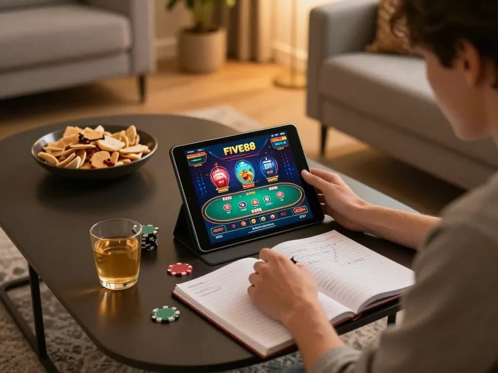 Engaged player using the FIVE88 app on a tablet, surrounded by snacks and strategy notes in a cozy home.