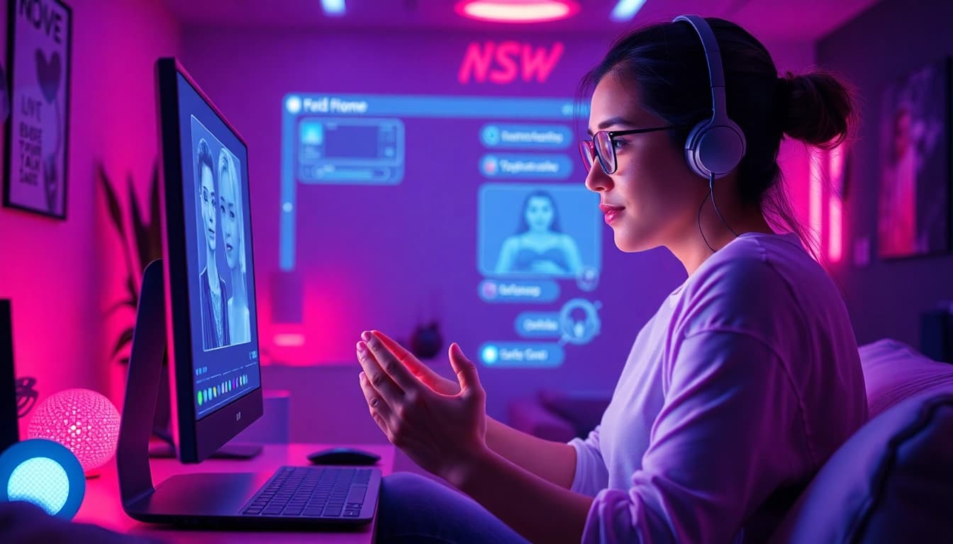 Engaging scene of a user interacting with a vibrant NSFW AI girlfriend in a futuristic setting.