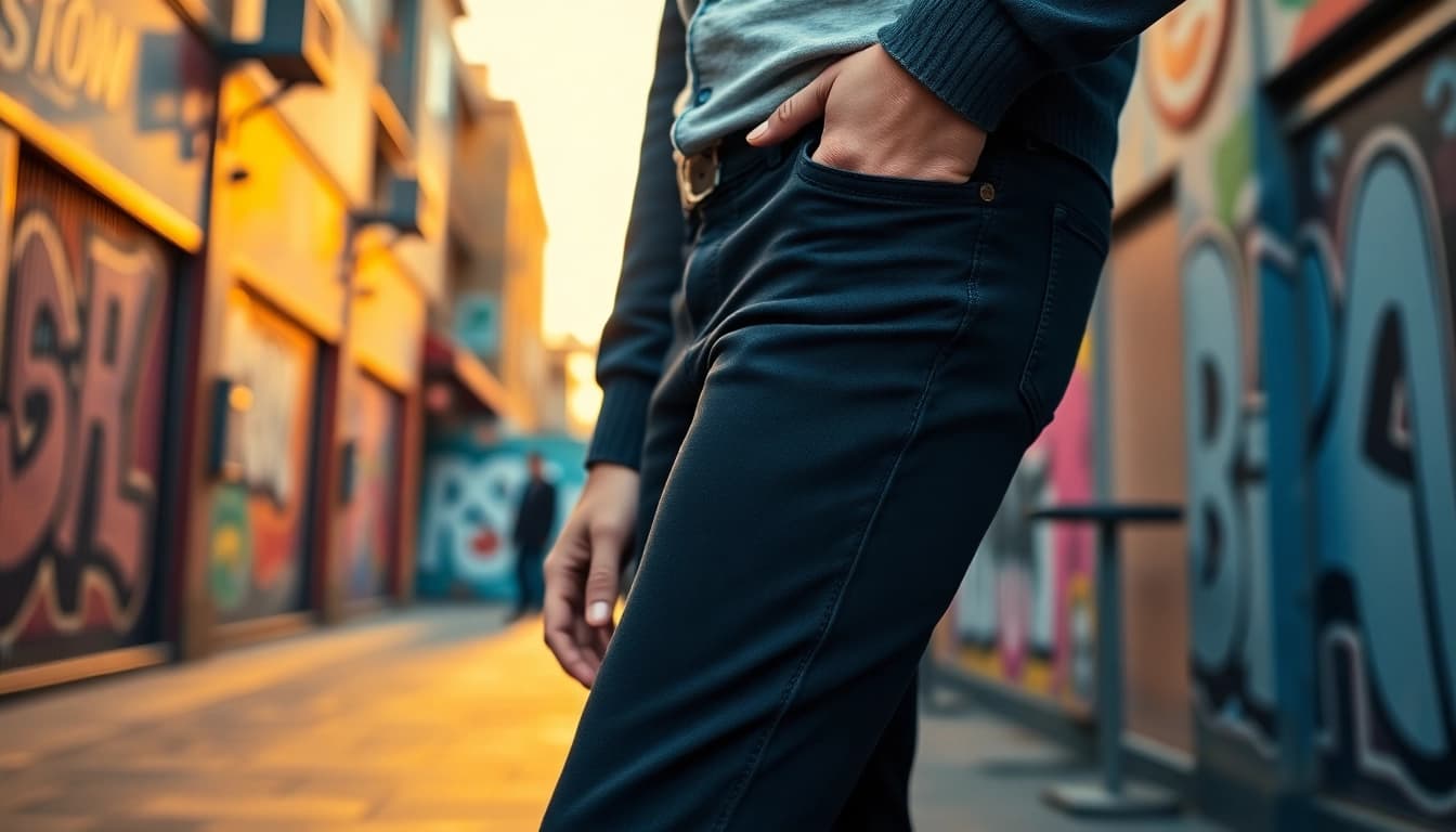 Stylish black jeans men on a confident model in an urban street setting