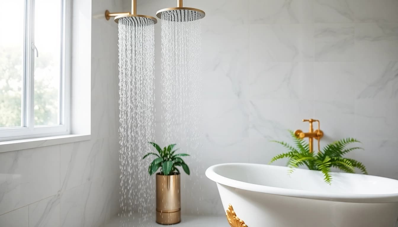 Experience elegant showers au in a beautifully designed bathroom with rainfall shower and clawfoot bathtub.