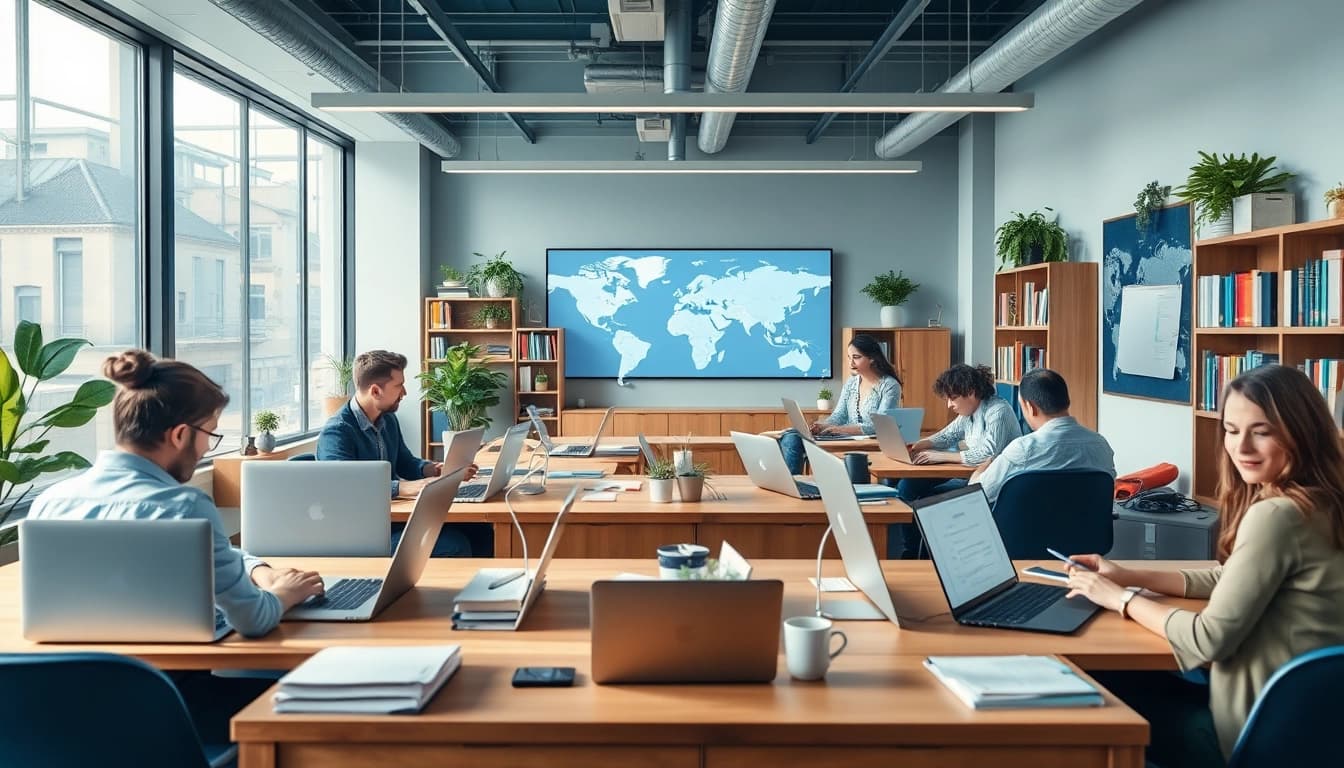 Espace de travail dynamique dans une agence de traduction, mettant en lumière des traducteurs variés en action.