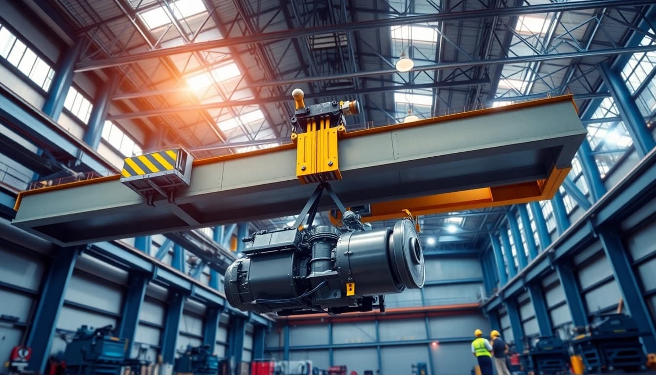 Bridge crane lifting heavy machinery in an industrial warehouse, showcasing precision and efficiency.