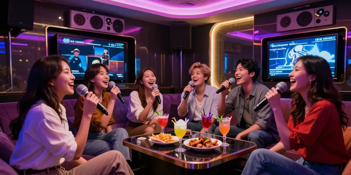 강남가라오케에서 즐겁게 노래하며 웃고 있는 친구들, 고급스러움이 느껴지는 프라이빗 룸에서의 모습입니다.