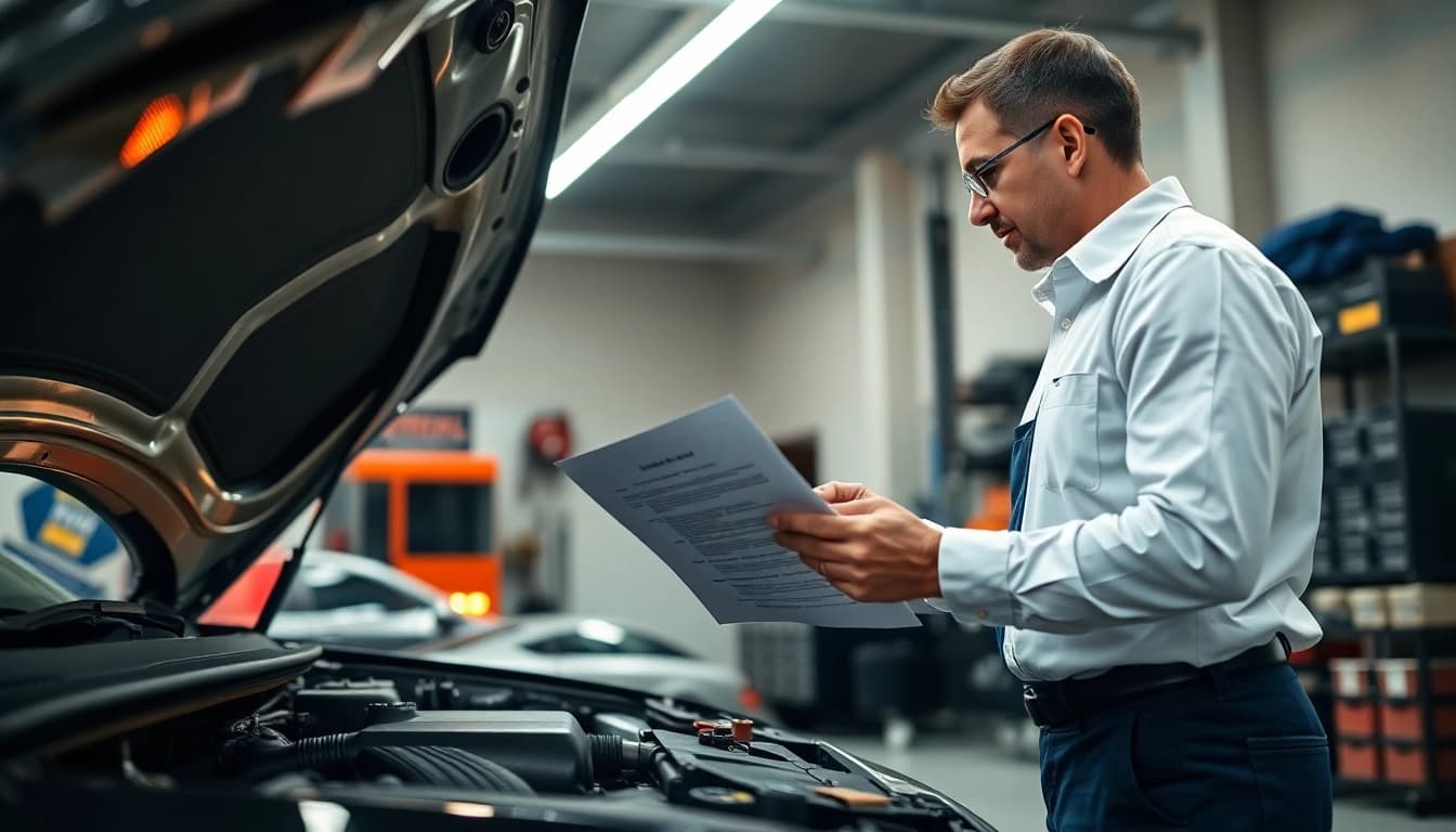 Evaluate extended car warranty for used cars with a mechanic in a bright garage setting.