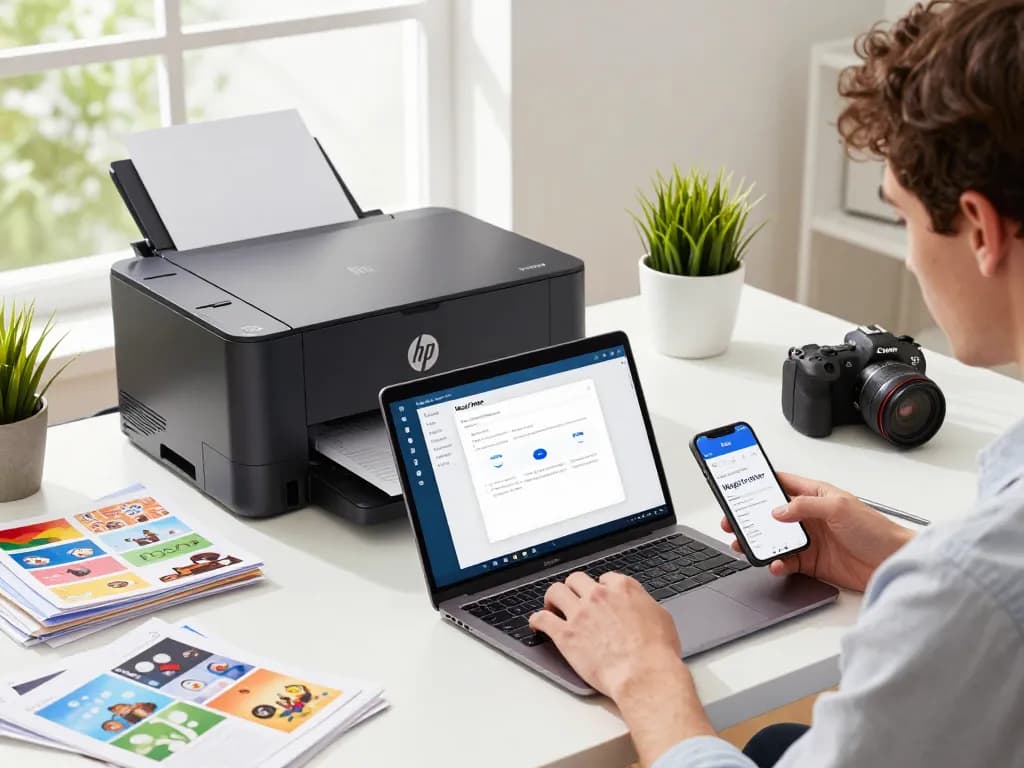 Smart printer in a modern home office with documents, vibrant atmosphere, and tech-savvy individual.