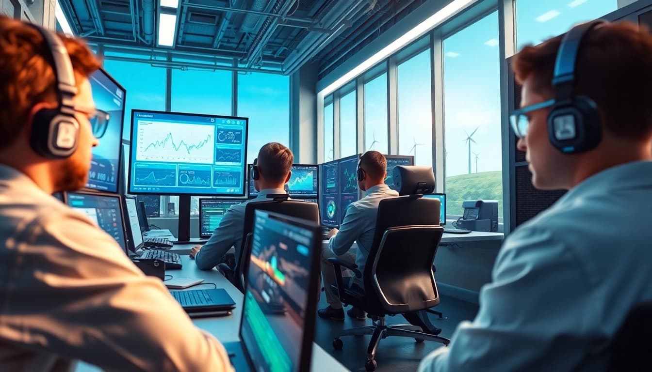 Dogecoin cloud mining facility with advanced AI technology and renewable energy sources.