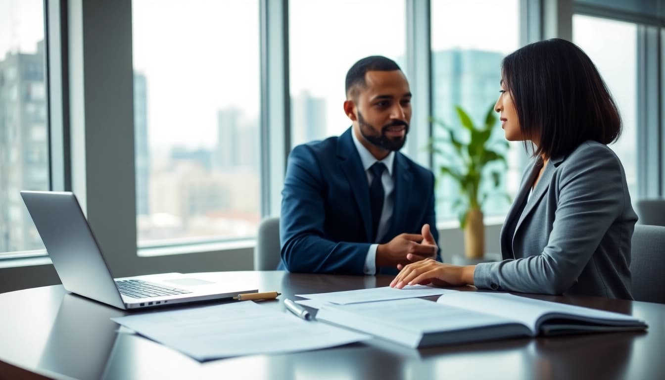 Couple discussing Family Law Financial Agreements with documents in a modern office.