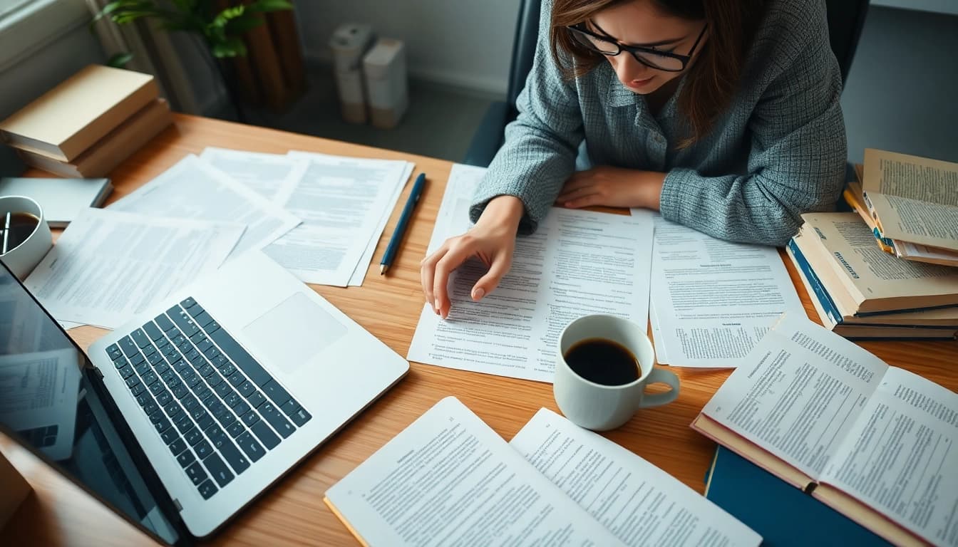 Professional workspace of a traducător autorizat with legal documents and translation tools.