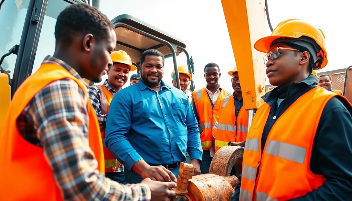 Excavator training in Durban with diverse learners operating machinery at Abethu Skills Development Center.