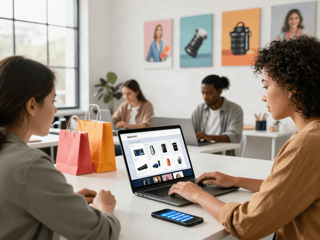 Shoppers exploring DJARUMBOS e-commerce platform in a modern workspace.