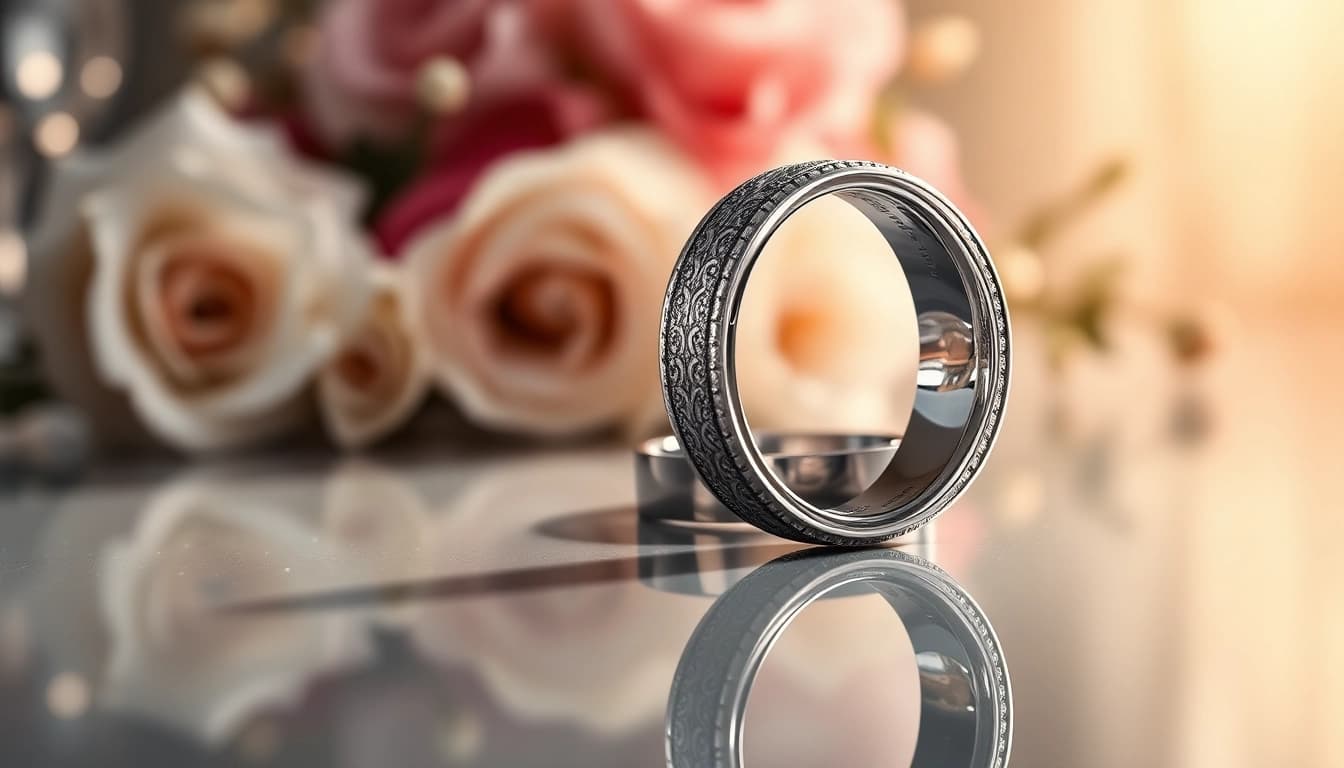 Showcase of tungsten wedding bands featuring intricate designs and a reflective surface.