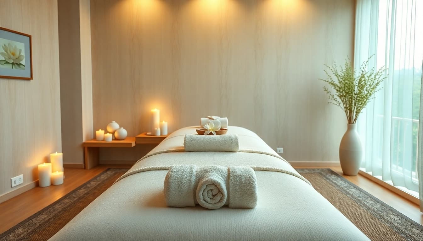 출장마사지 setup with soothing ambiance and massage essentials for relaxation.