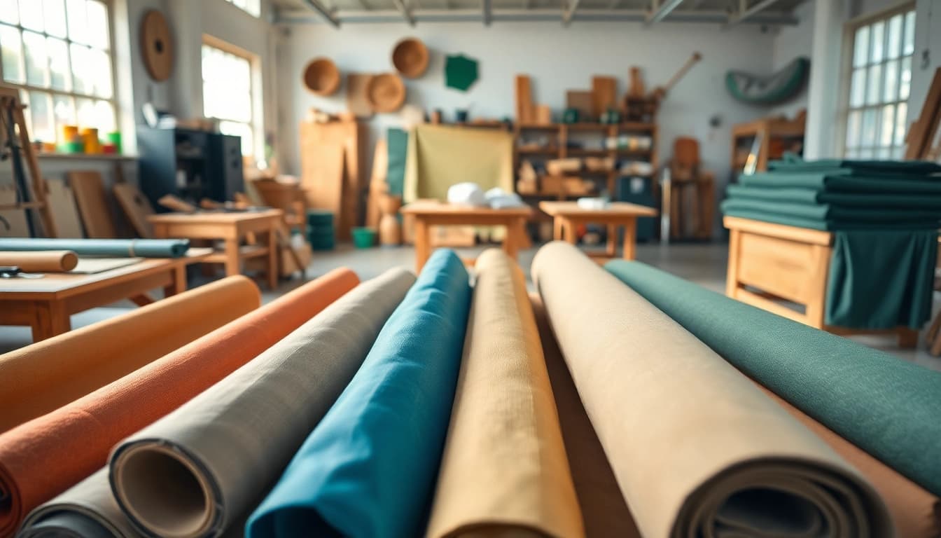 Canvas kopen: diverse stoffen en materialen in een creatieve werkplaats.