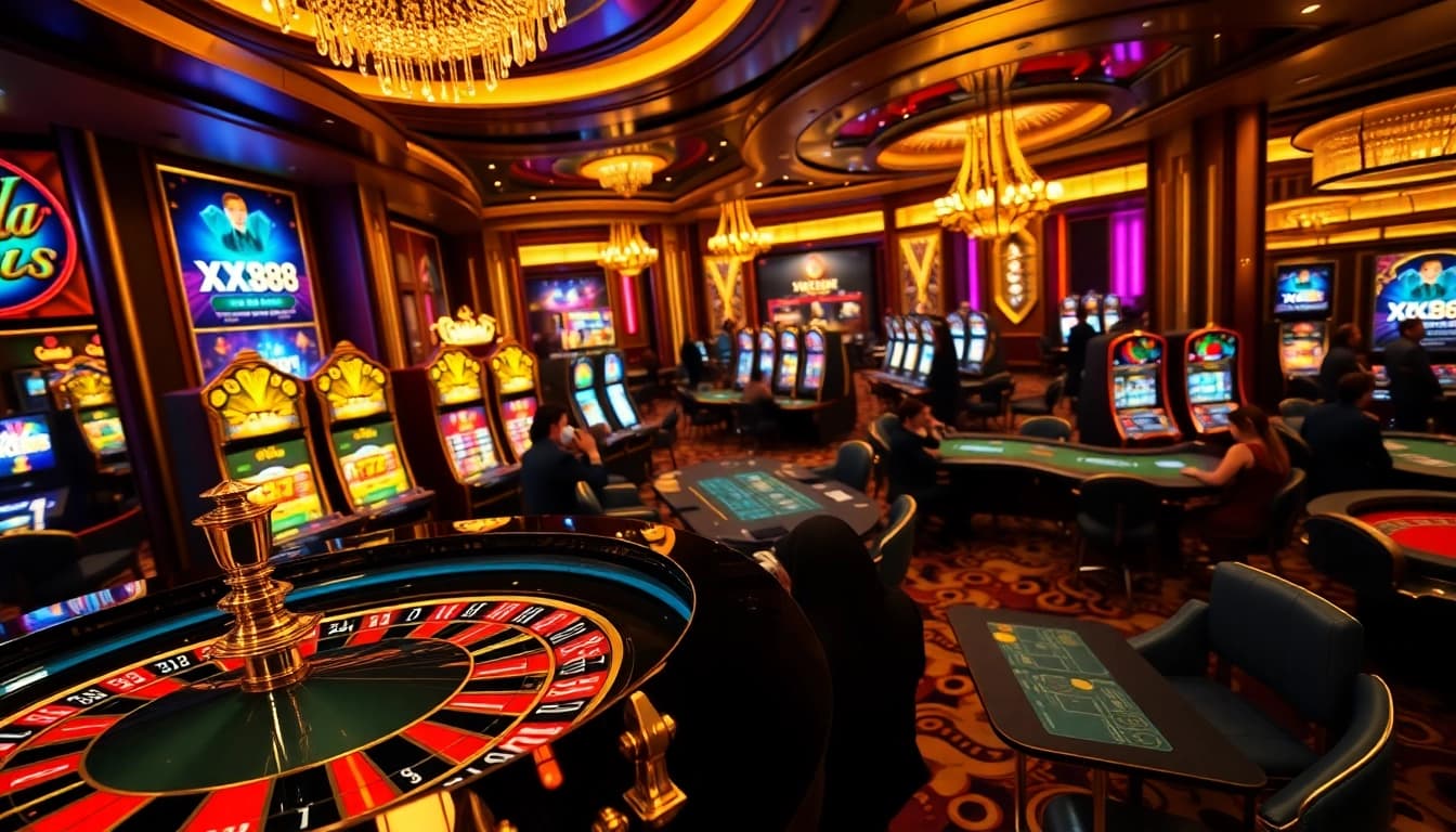 Players enjoying games at xx88com's upscale casino, highlighting roulette and poker excitement.
