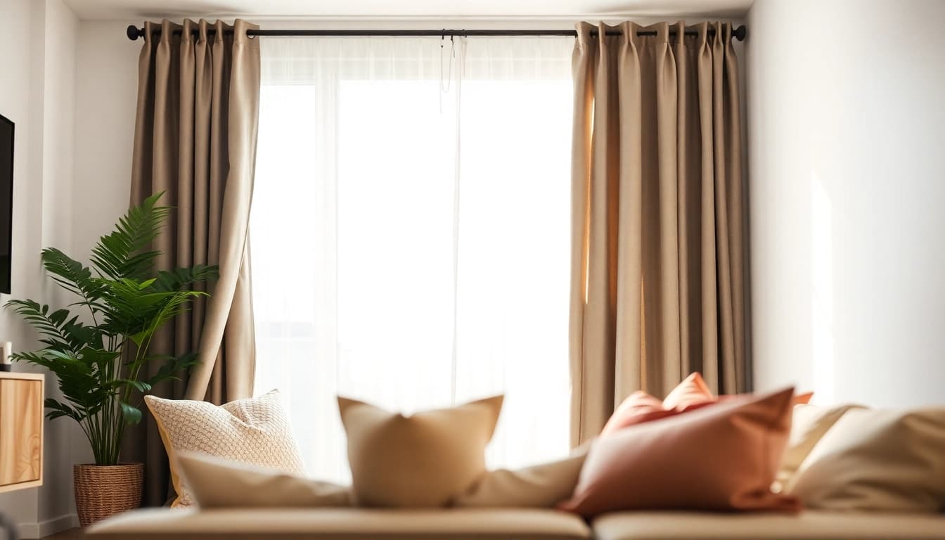 Bekijk verduisterende gordijnen in een sfeervolle woonkamer met stijlvol interieur.
