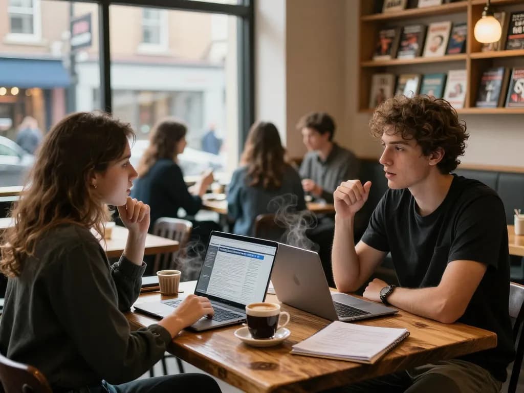 Young adults facing serious political debates in a cozy café setting, engaged and focused.