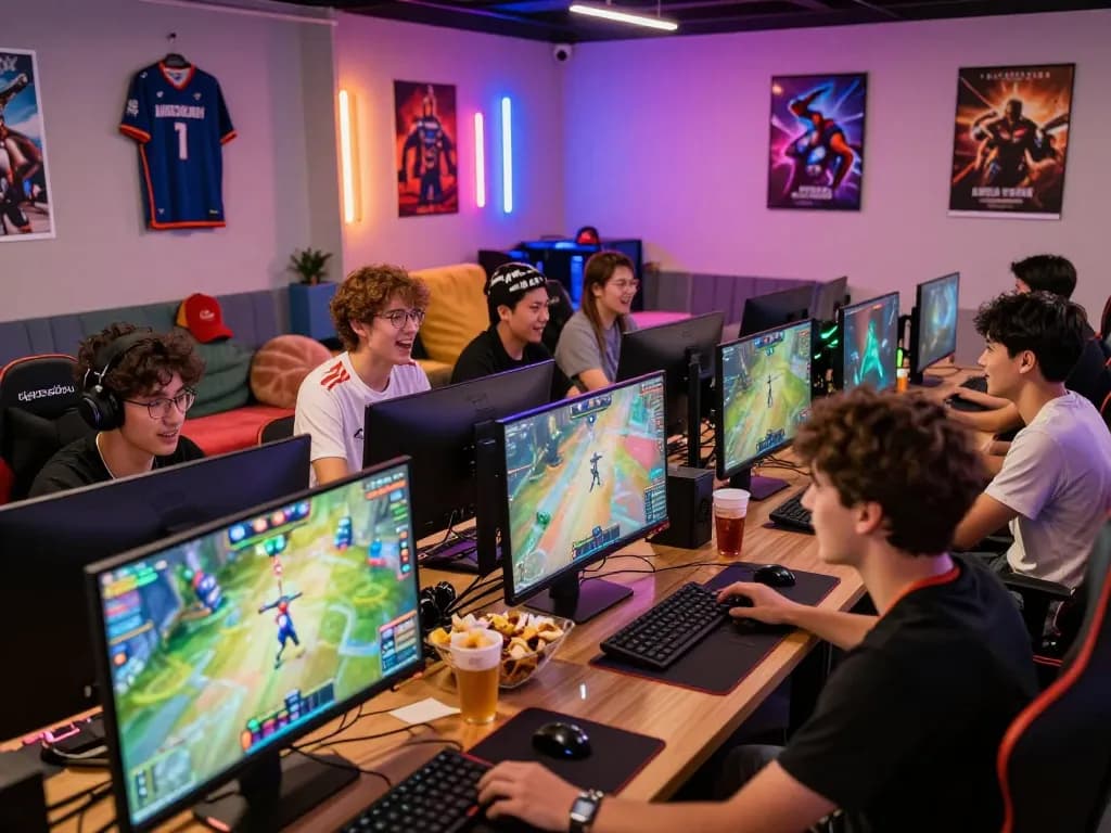 Dynamic gaming community enjoying ligasedayu tournaments with vibrant decor and merchandise.