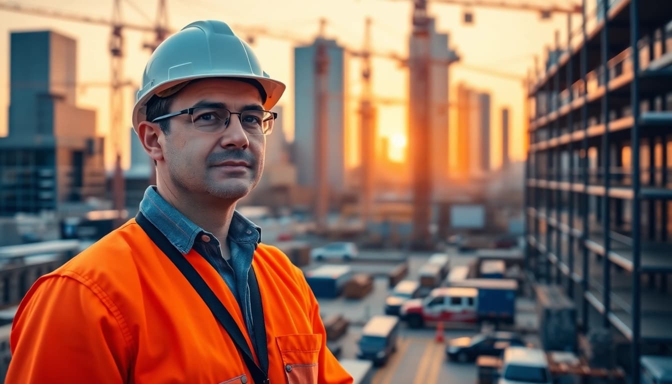 Manhattan Commercial General Contractor overseeing a construction site at sunset with cranes and laborers.