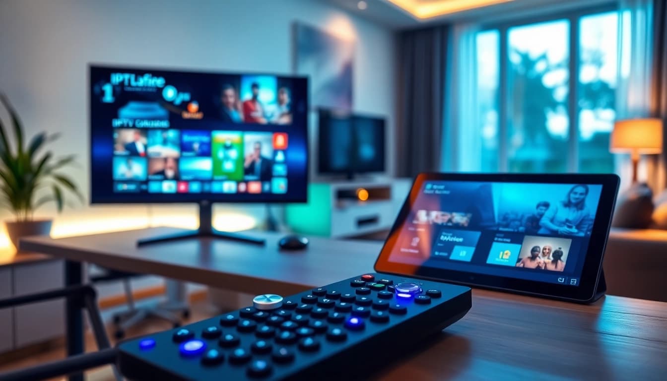 Stream IPTV channels seamlessly with this engaging setup featuring iron iptv interface and remote.