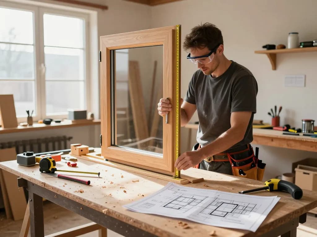 Handwerker bei der Fenstermontage in hellen Werkstatt in Köln.