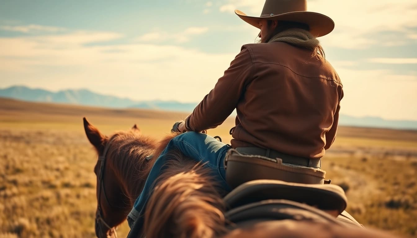 Cowboy in Western wear Canada riding through a picturesque prairie landscape.