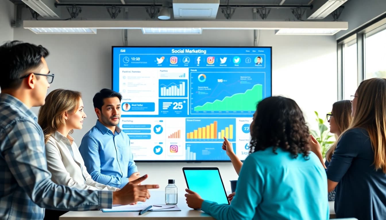 Engaged team discussing strategies for a facebook smm panel in a modern office environment.
