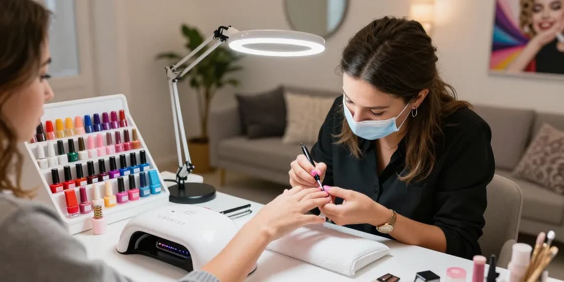Aplicând oja semipermanenta profesionala într-un decor chic de salon cu culori vibrante și unelte profesionale.