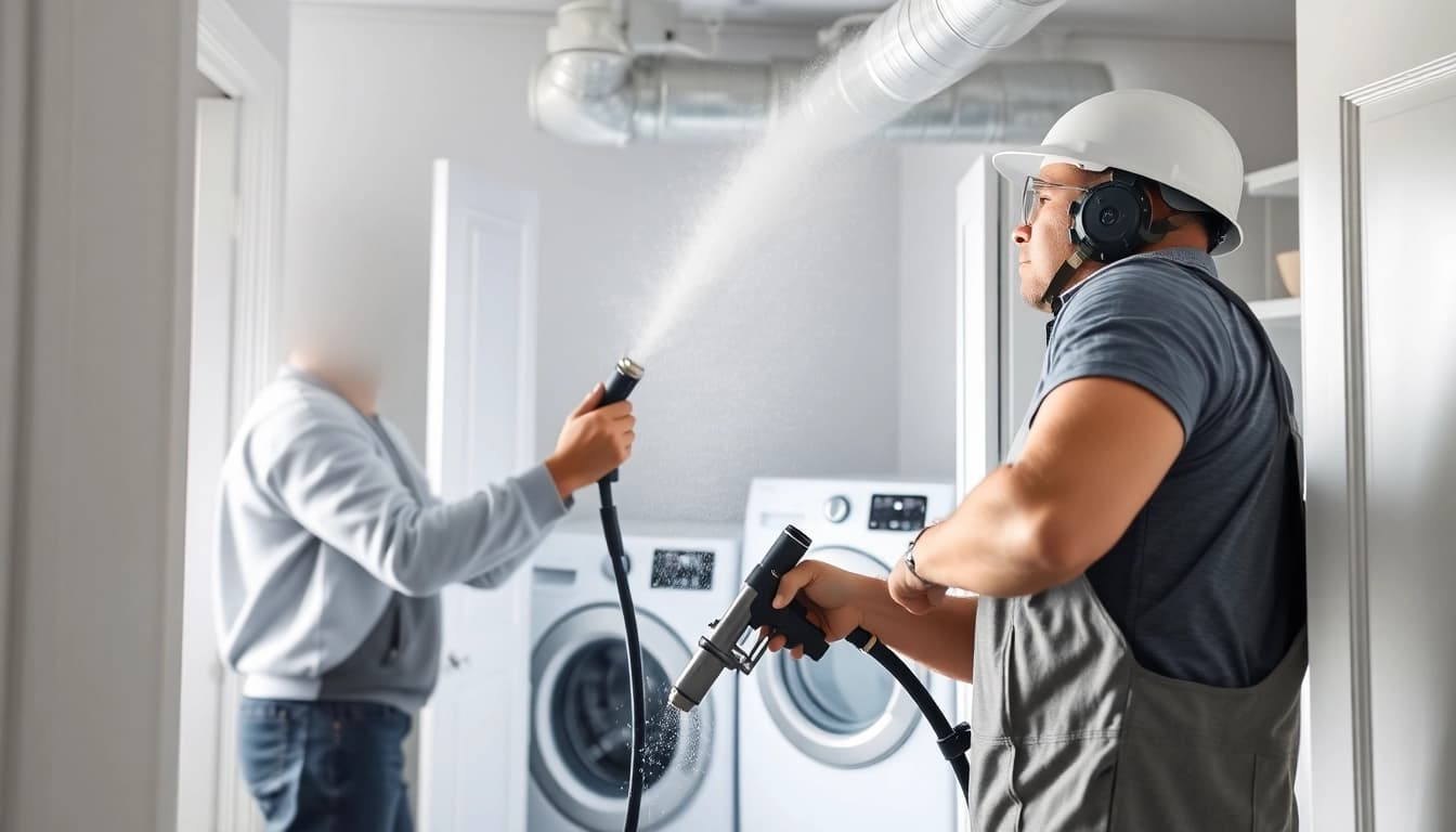 Professional technician performing Dryer Vent Cleaning in a bright residential laundry room.