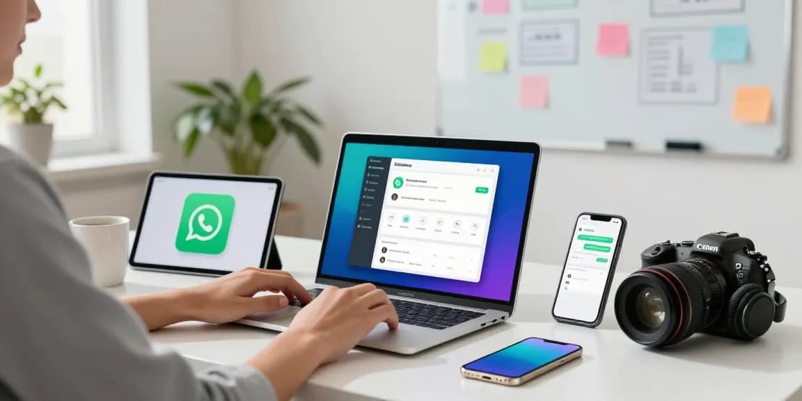 Engaging workspace for WhatsApp下載, showcasing digital devices and modern office setup.