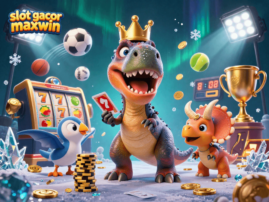 Engage with slot gacor maxwin in vibrant 3D illustration featuring animated dinosaurs and casino elements.