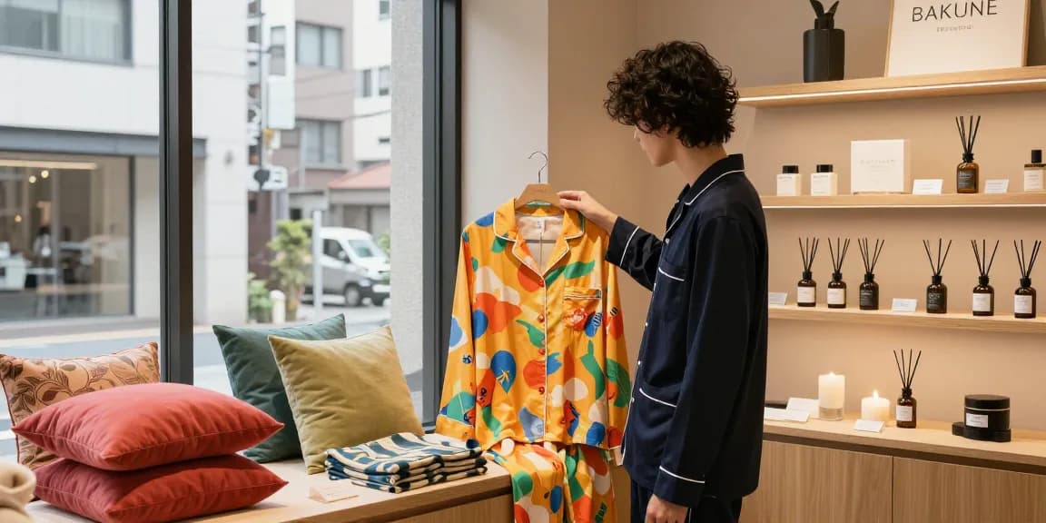 二子玉川のおしゃれなブティックでBAKUNEの回復ウェアを探索し、現代的なデコレーションとウェルネス製品を楽しむ。