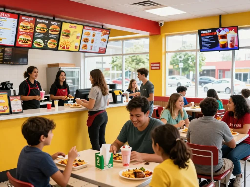 Fast food menu displayed at a vibrant restaurant with customers enjoying meals