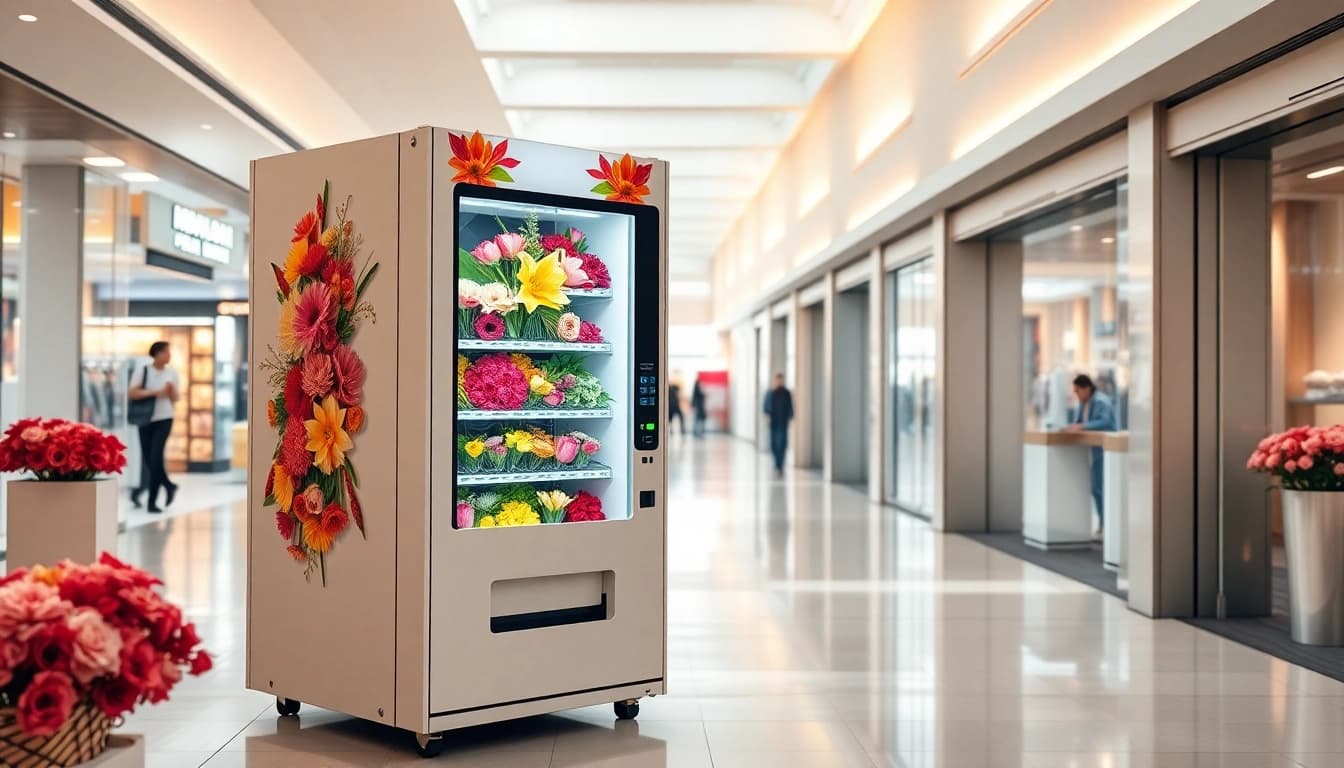 Fresh flower vending machine in a shopping mall, showcasing vibrant bouquets and smart touchscreen features.