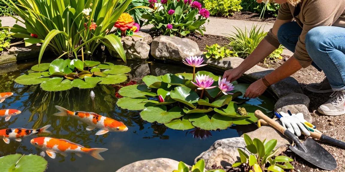 Buy Pond Plants Online - vibrant garden pond with blooming plants and koi fish.