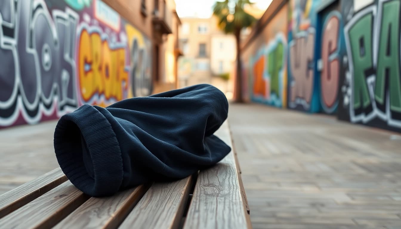 Model showcasing black baggy sweatpants on a stylish urban bench with street art backdrop.